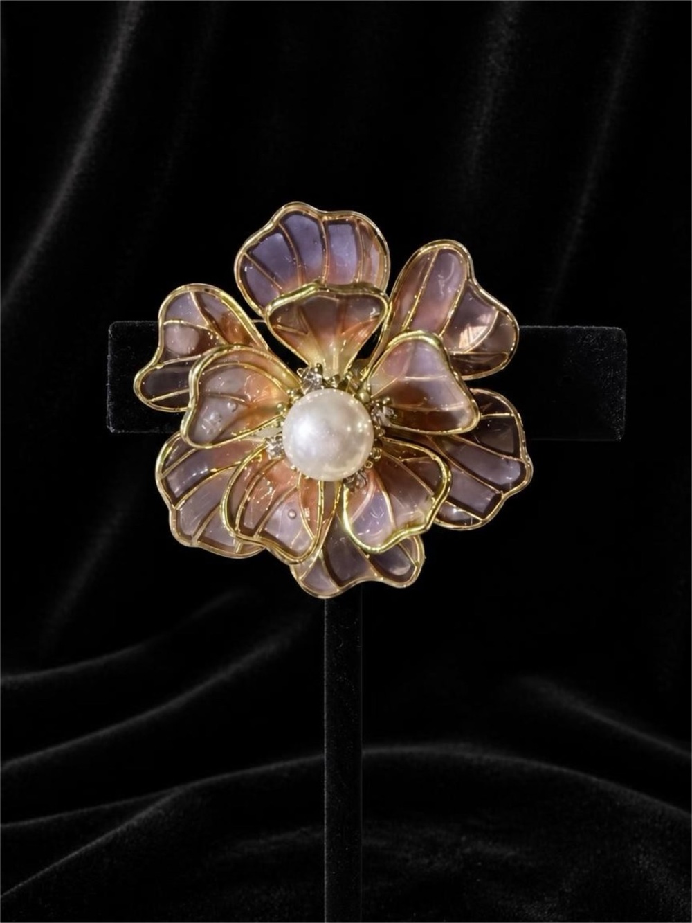 Elegant Lavender Pearl Center Floral Brooch with Gold Trim